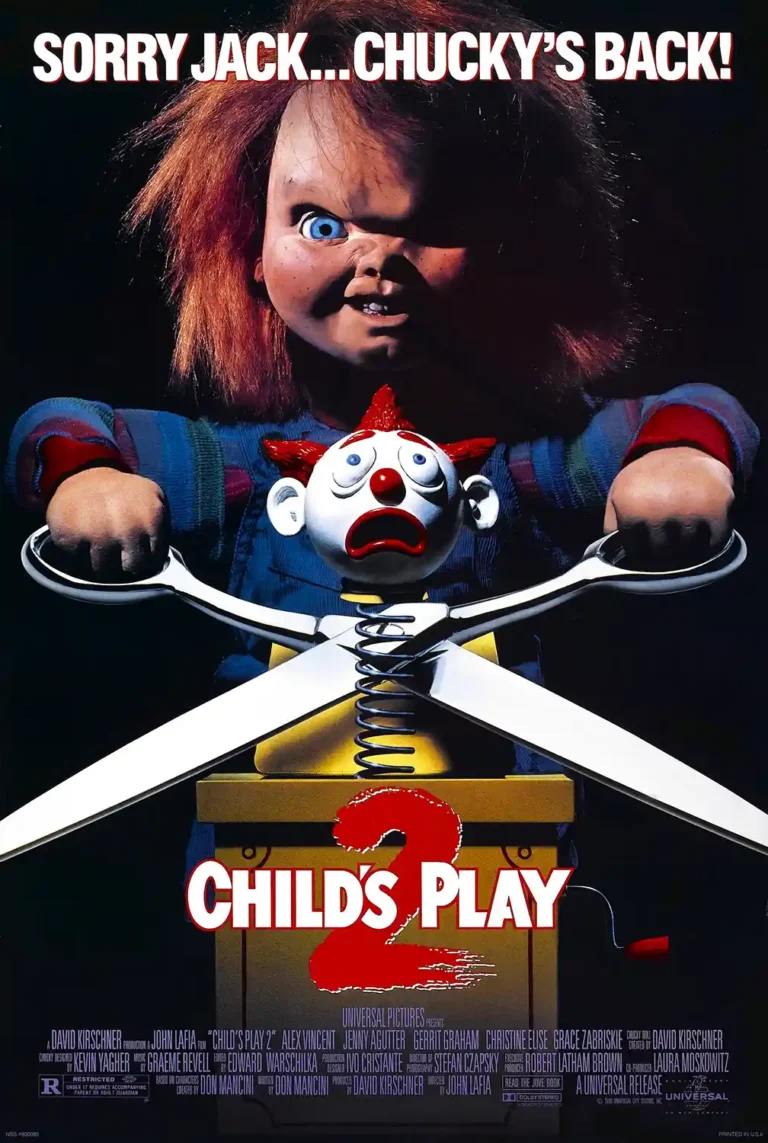 Child's Play 2 horror movie poster featuring the doll Chucky menacingly holding giant scissors above a clown jack-in-the-box.