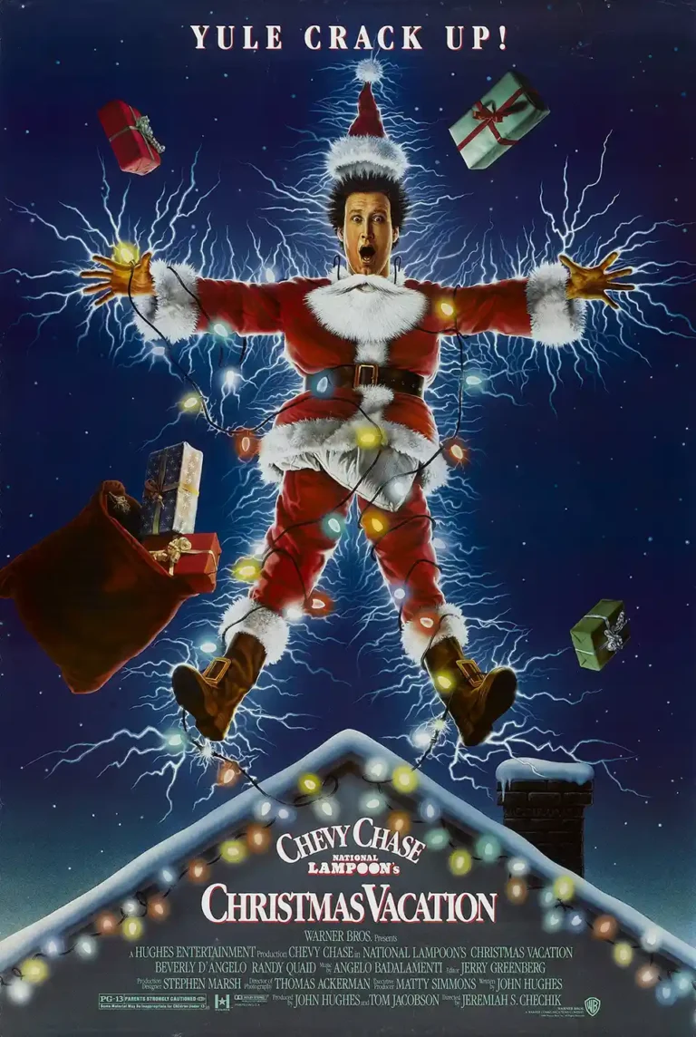 National Lampoon's Christmas Vacation movie poster featuring Chevy Chase as Clark Griswold getting electrocuted by Christmas lights and floating above a roof.