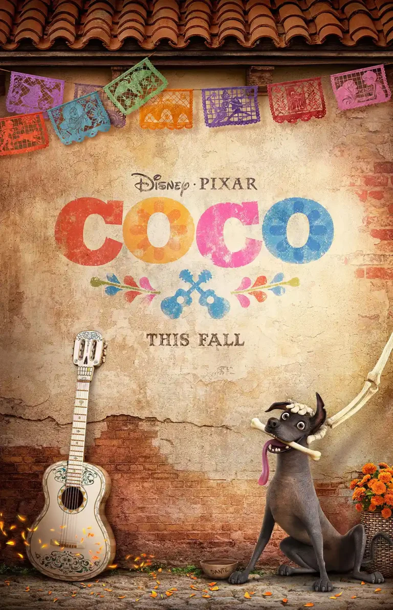 Coco Disney Pixar Movie poster featuring Miguel's iconic white guitar, the dog Dante, and colorful Dia de Muertos Papel Picado banners.