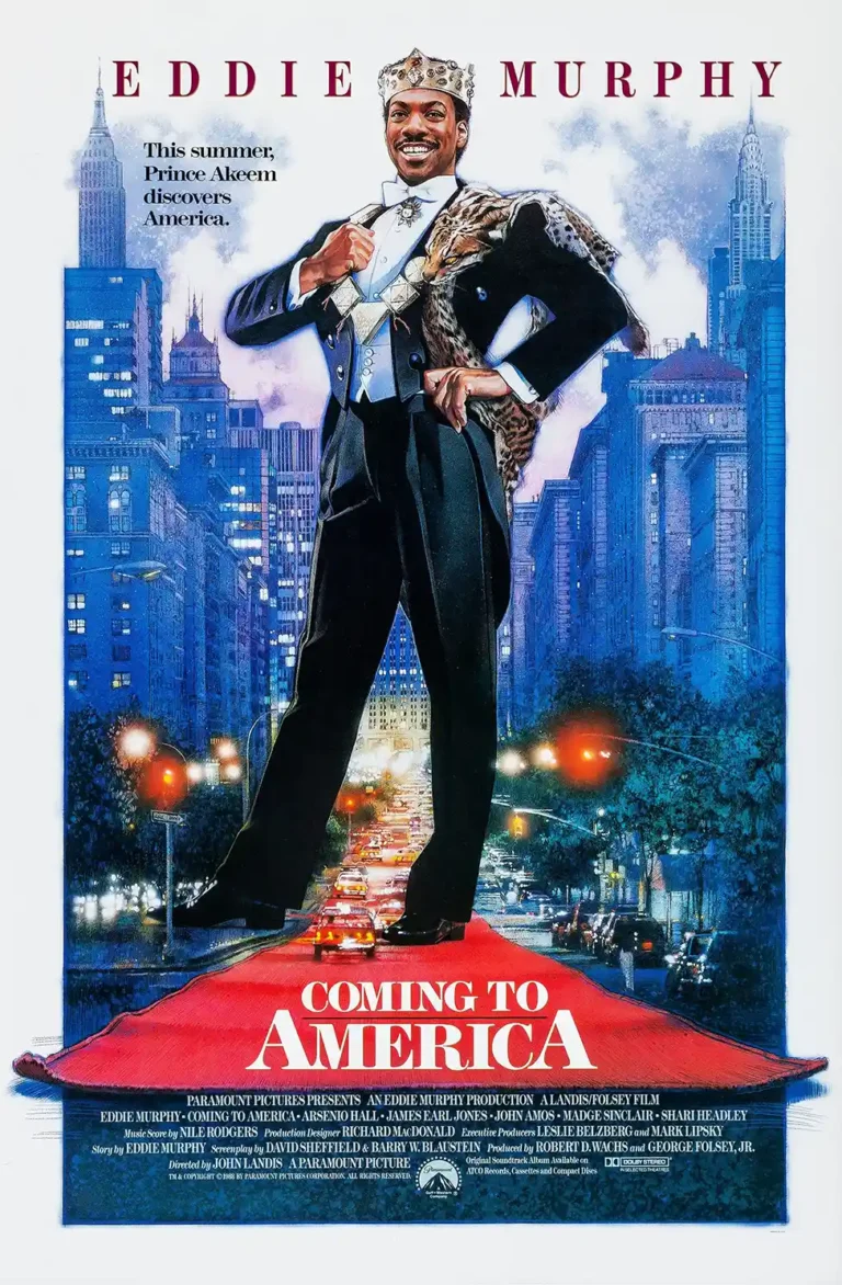 Coming to America Movie poster featuring Eddie Murphy as Prince Akeem, in royal attire, standing over a blue New York City street scene.