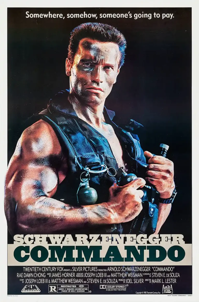 Commando 1985 movie poster featuring Arnold Schwarzenegger as John Matrix covered in dirt, holding grenades and wearing a tactical vest.