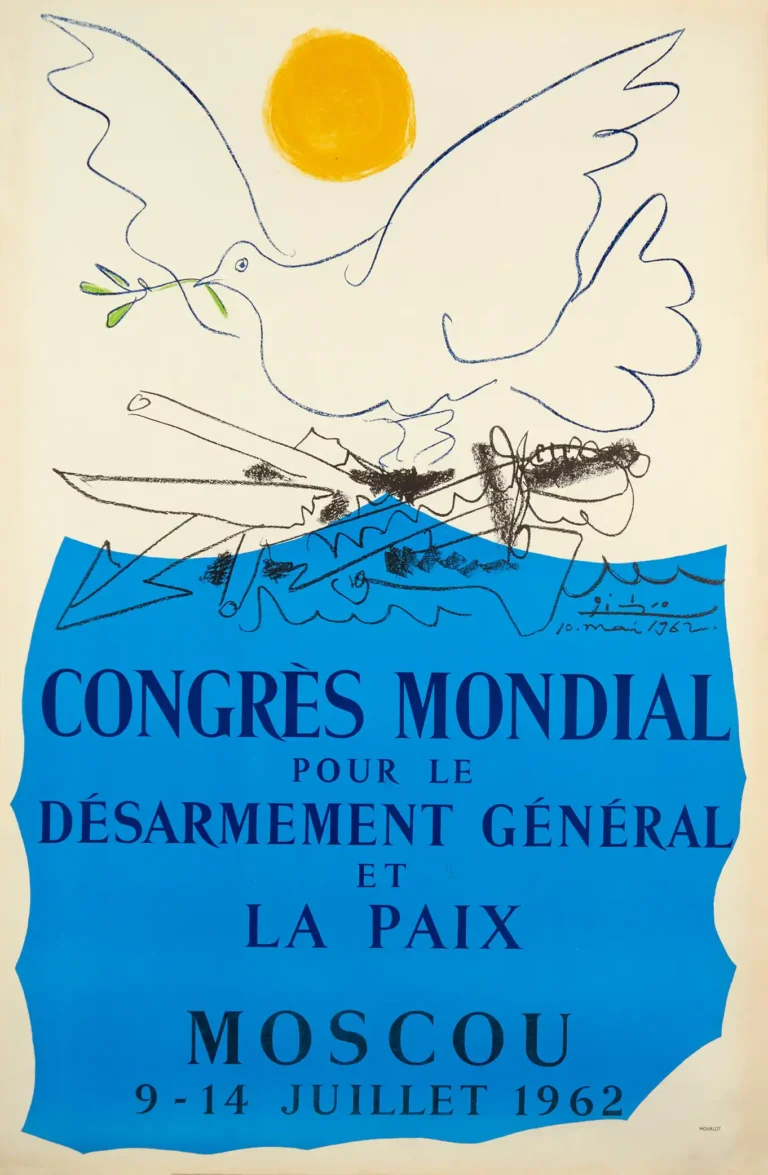 Pablo Picasso Art poster featuring the iconic Peace Dove line drawing, the yellow sun, and French text for the 1962 Disarmament Congress.