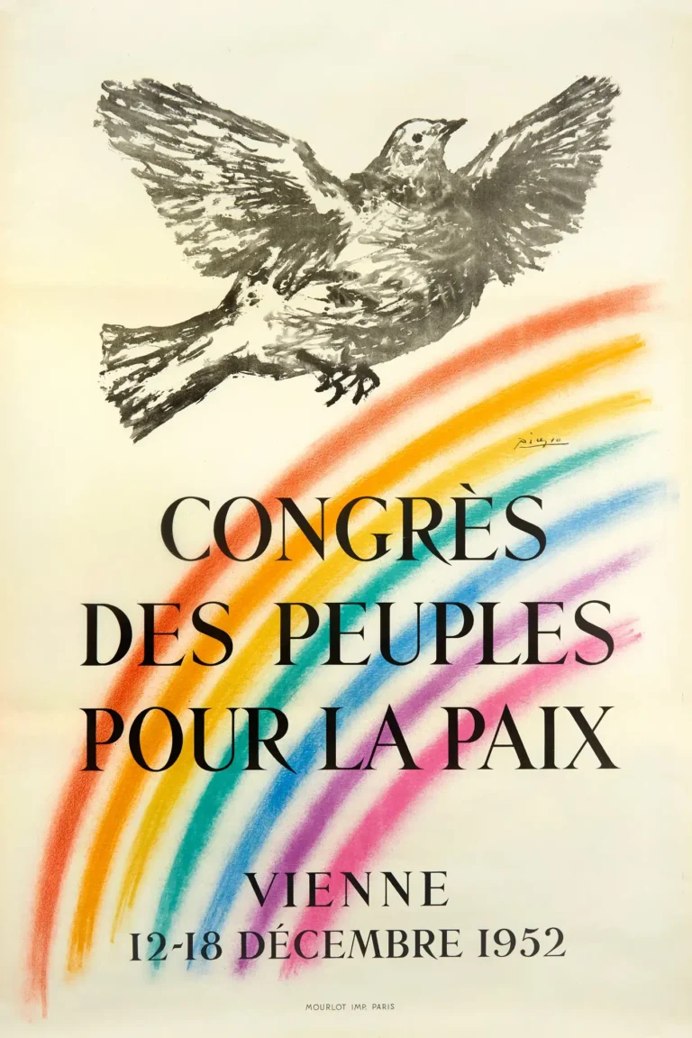 Pablo Picasso-inspired Peace Dove art poster featuring a flying dove above a vibrant rainbow curve, advertising the 1952 Vienna Congress.