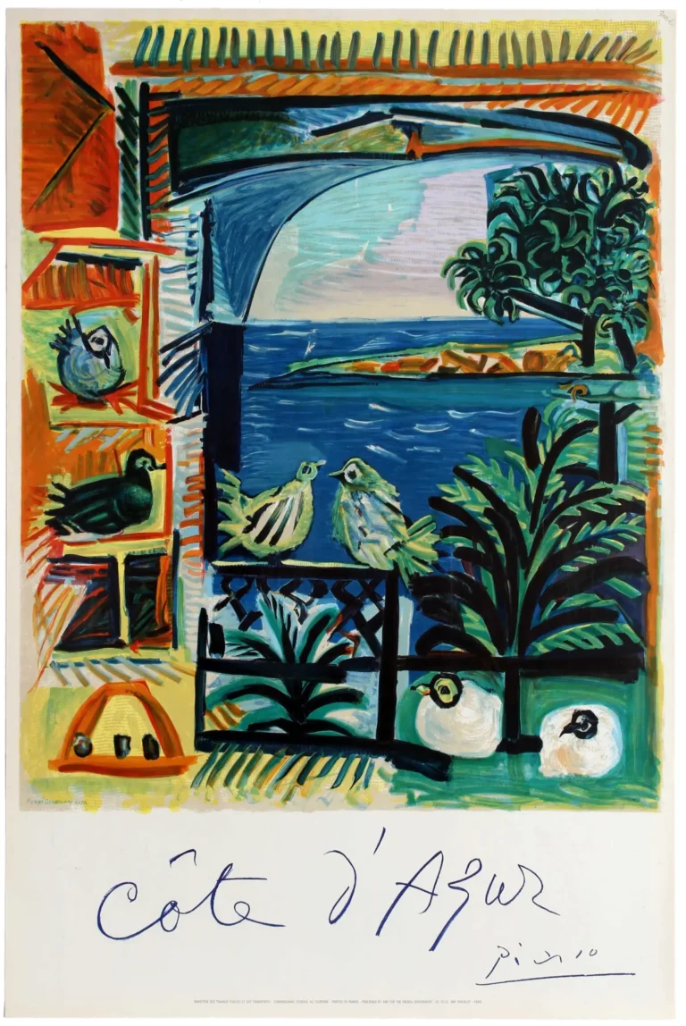 Pablo Picasso Art poster, Côte d'Azur travel print featuring abstracted birds, vibrant seascape, and lush green plants viewed through a window.