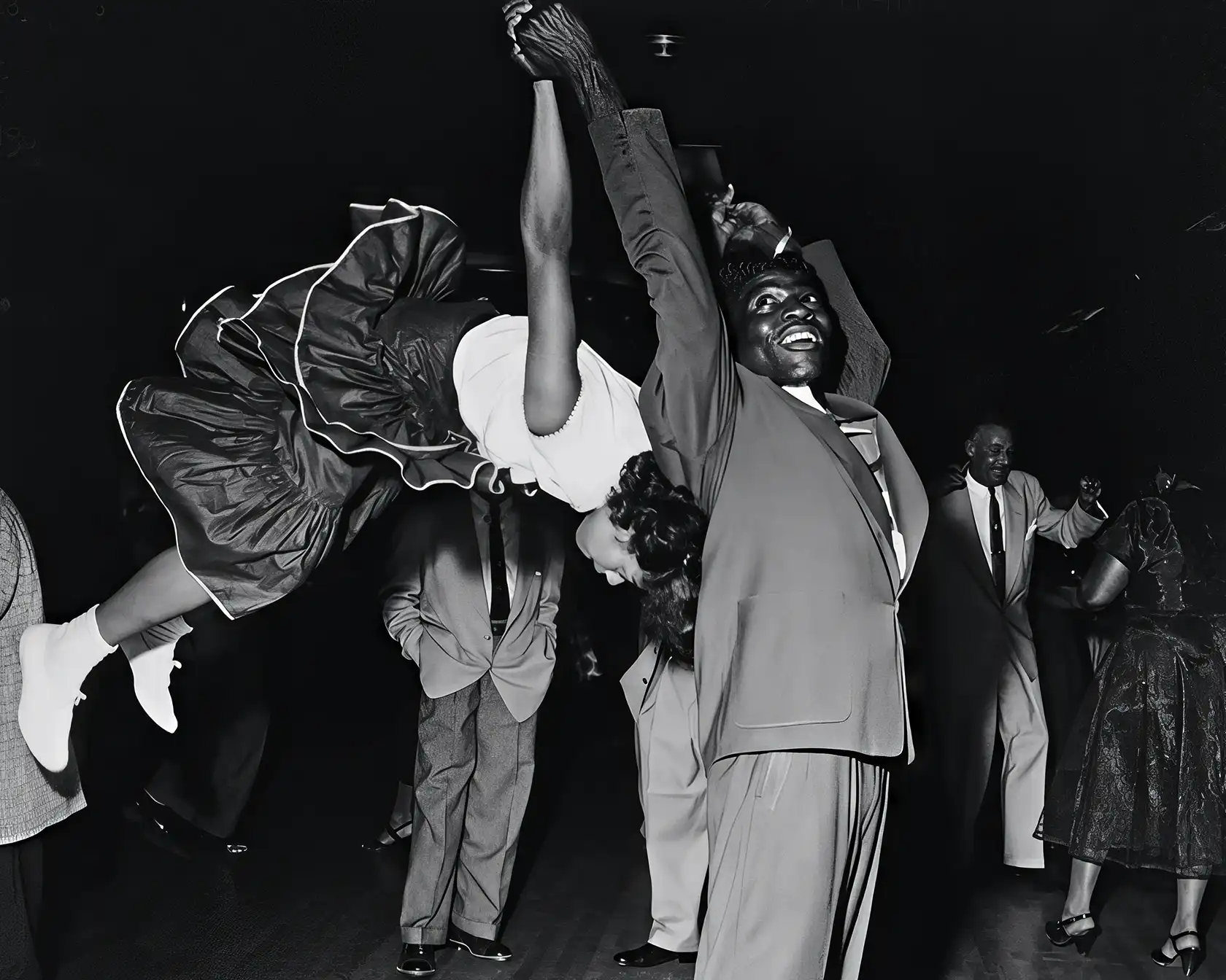 Couple dancing at Savoy Ballroom print — Black history black and white wall art, museum-quality vintage swing dance photography