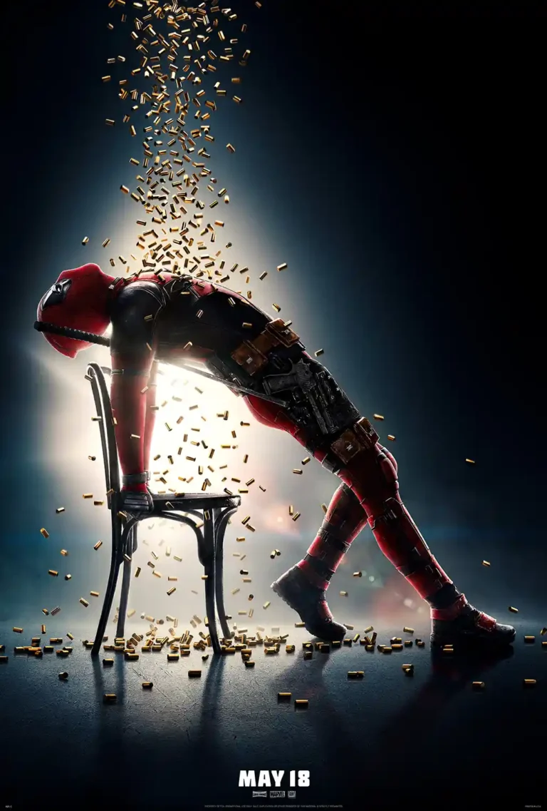 Deadpool 2 Movie Poster featuring the character in a Flashdance parody pose, bent over a chair with falling brass bullet casings.