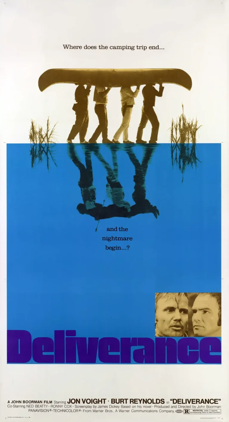 Deliverance movie poster featuring four men carrying a canoe above the water surface with their shadowy reflections plunging into blue water below.