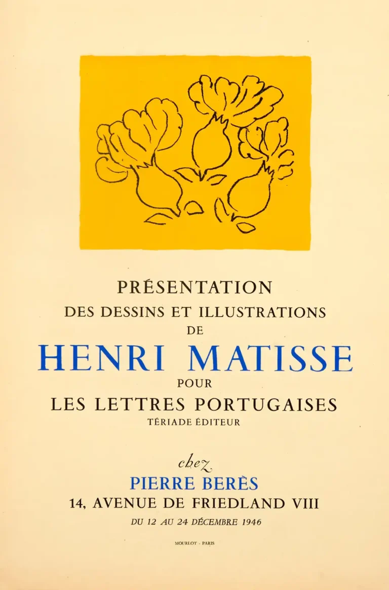 Henri Matisse Art poster featuring black outline flowers against a vibrant yellow block with classic French exhibition typography in blue and black.