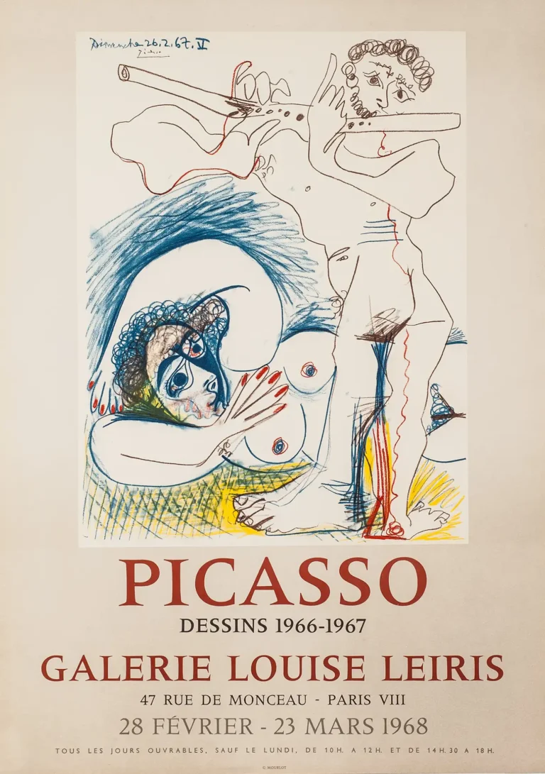 Pablo Picasso Art poster featuring a stylized drawing of a faun playing a flute alongside a reclining nude figure for the 1968 Dessins exhibition.