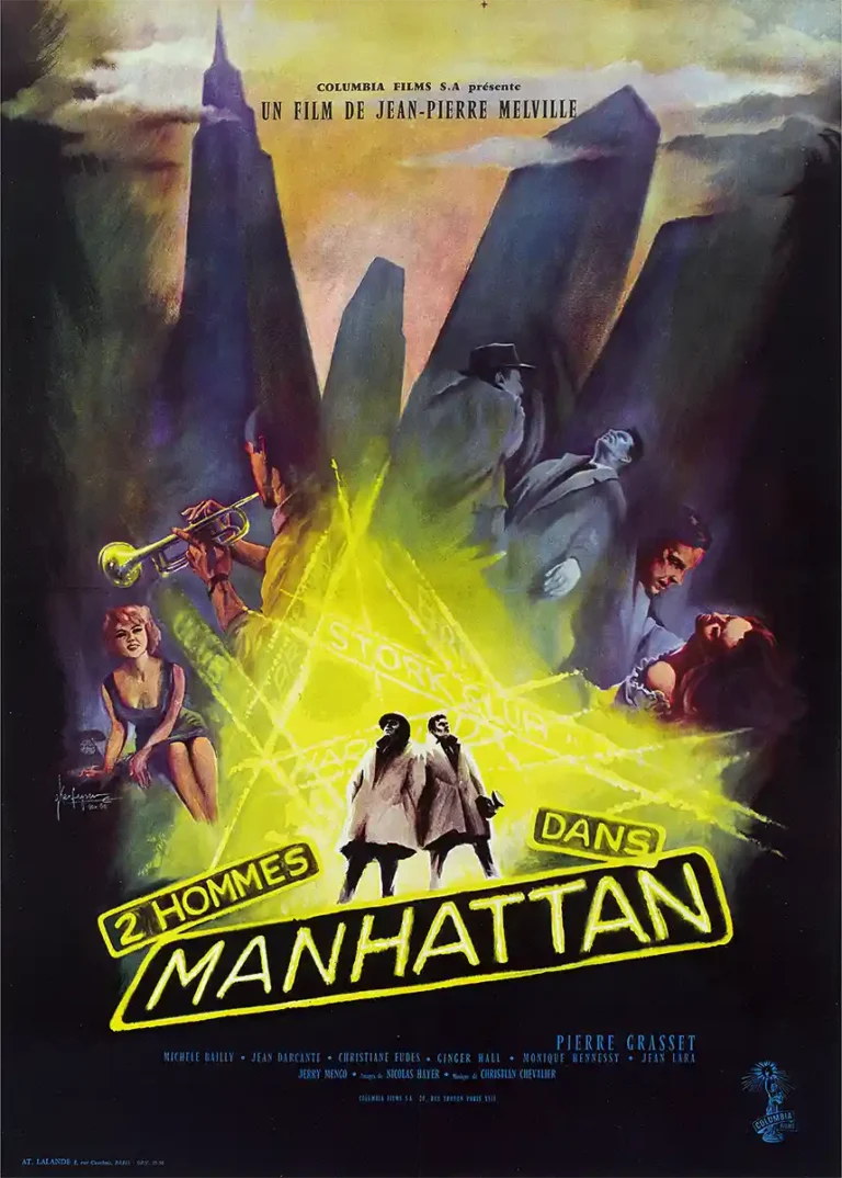 Deux Hommes dans Manhattan 1959 movie poster featuring trench coats, a trumpet player, and neon yellow light against large New York skyscrapers.