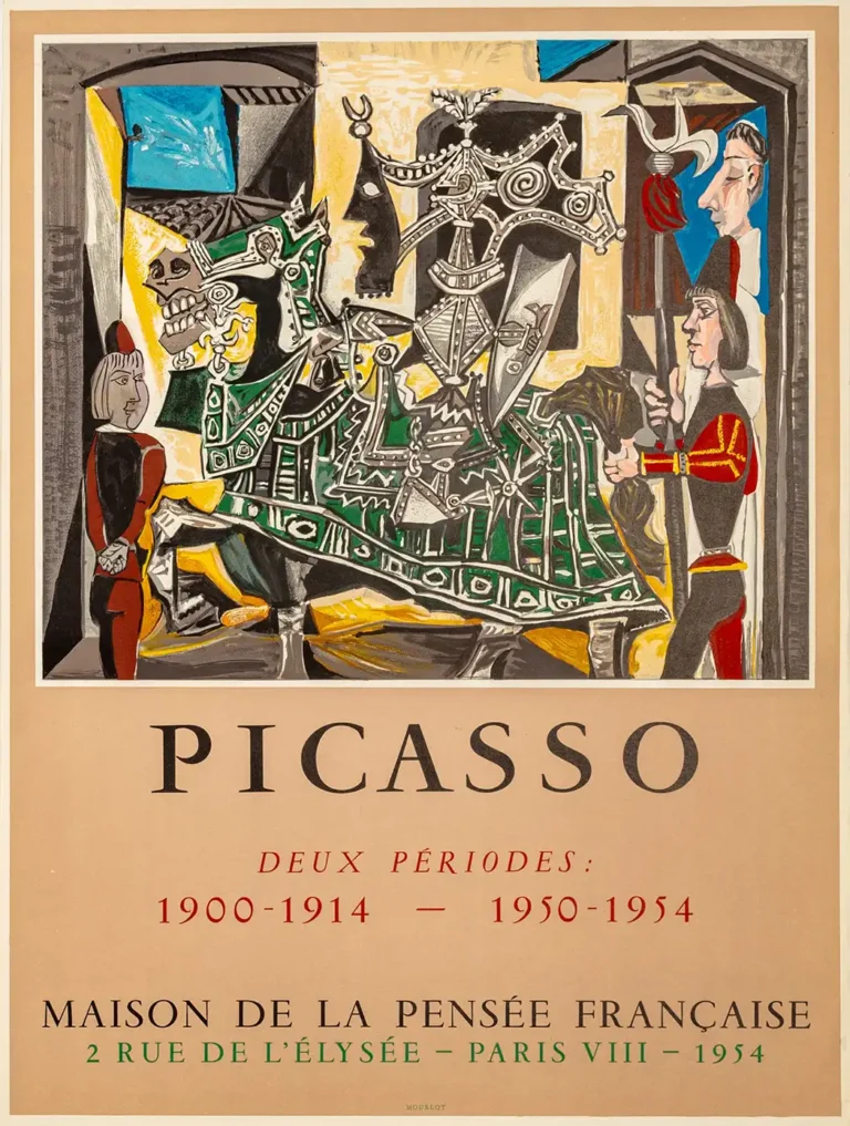 Pablo Picasso Art Exhibition poster from 1954, featuring abstract, cubist figures of armored knights and a horse on a warm tan background.