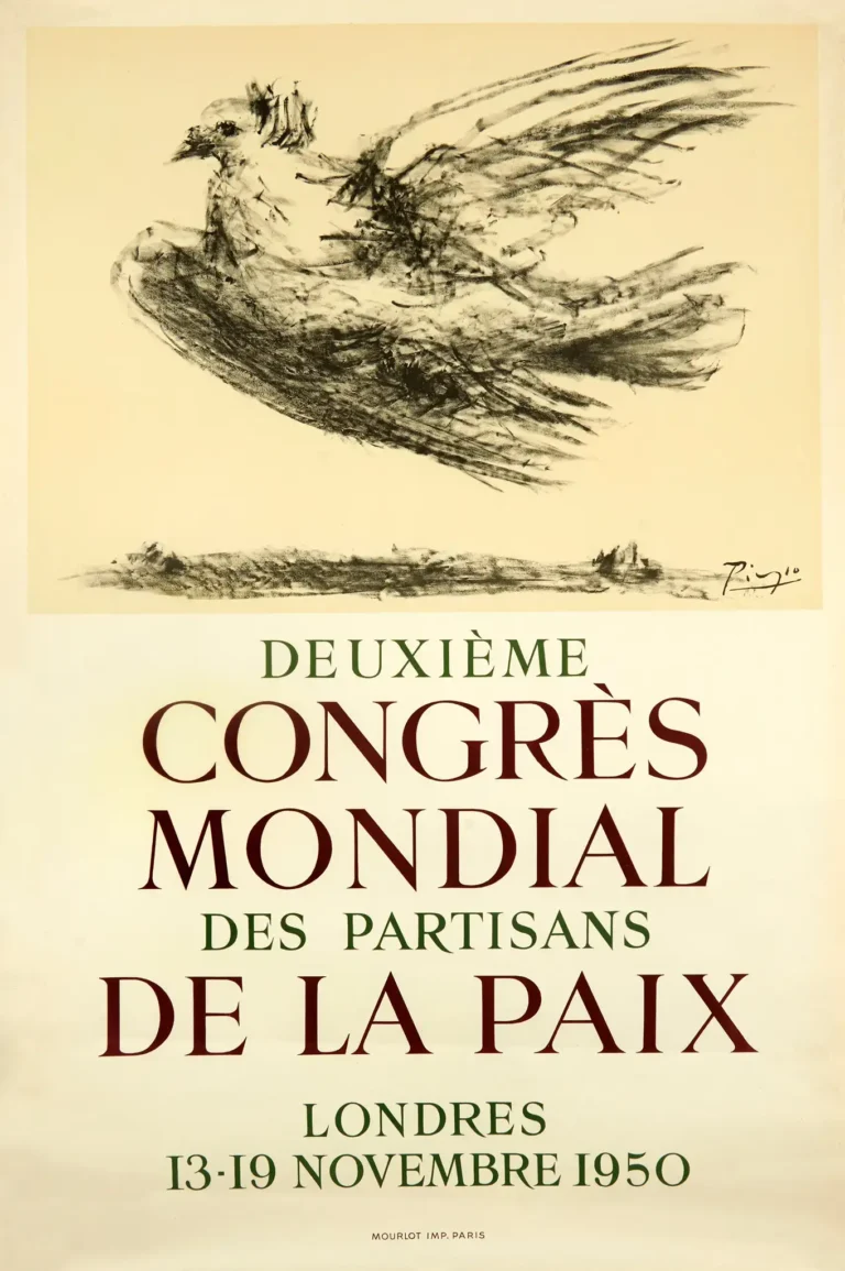 Pablo Picasso vintage art poster featuring the famous charcoal sketch of the soaring Peace Dove, created for the 1950 World Peace Congress.