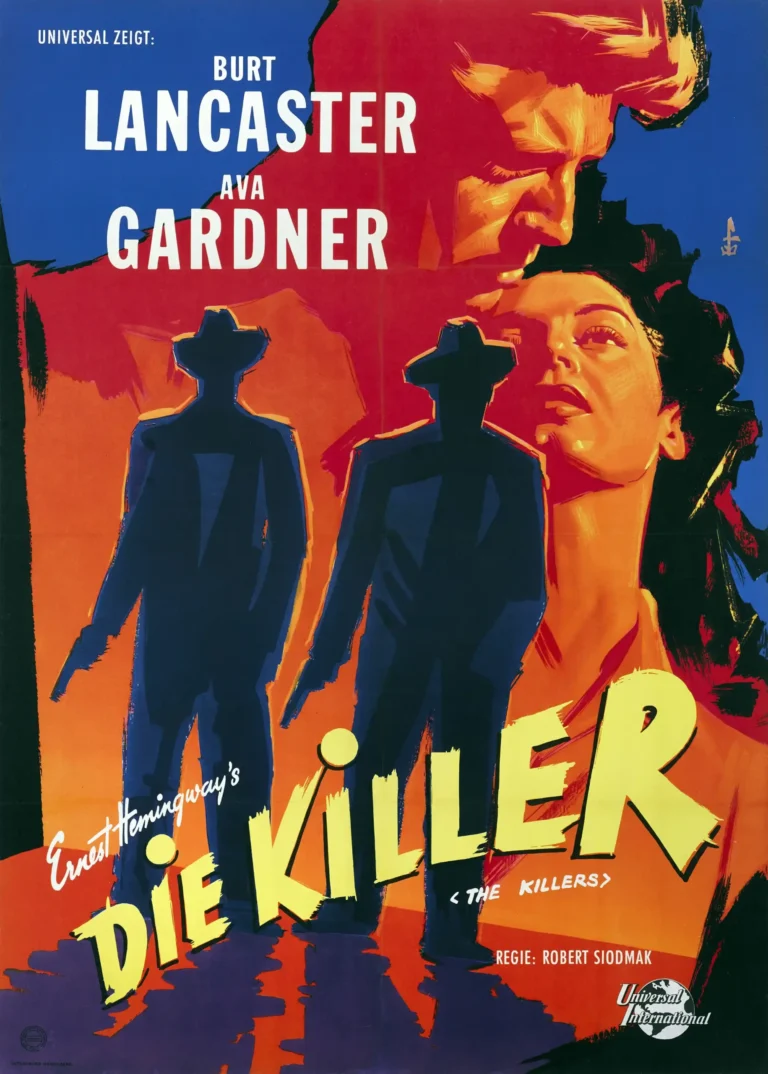 The Killers 1946 German Movie poster featuring dramatic portraits of Burt Lancaster and Ava Gardner above two shadowy figures holding guns.