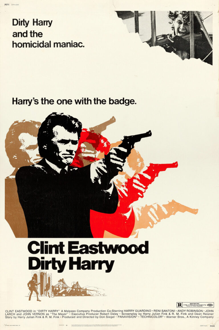 Dirty Harry Movie poster featuring Clint Eastwood aiming his gun in a bold, 70s graphic art style with red and tan abstract visual accents.