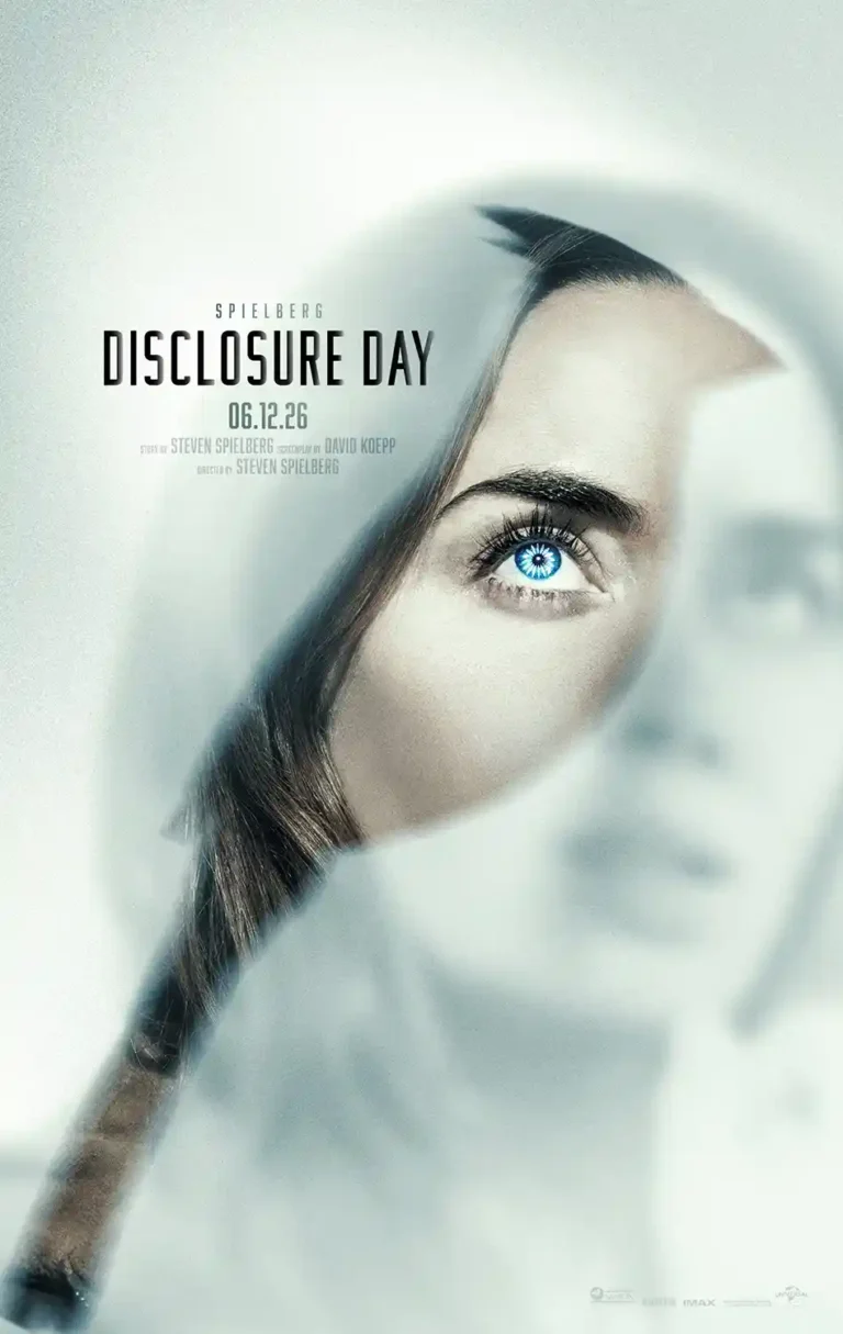 Disclosure Day Movie poster featuring a minimalist design focused on a woman's face and a bright, reflective blue iris, suggesting high-tech sci-fi themes.