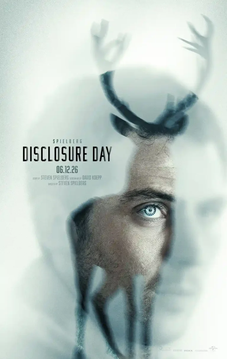 Disclosure Day Movie poster featuring a minimalist, ethereal overlay of a stag silhouette on a man's face, highlighting a glowing blue eye, set against a light background.