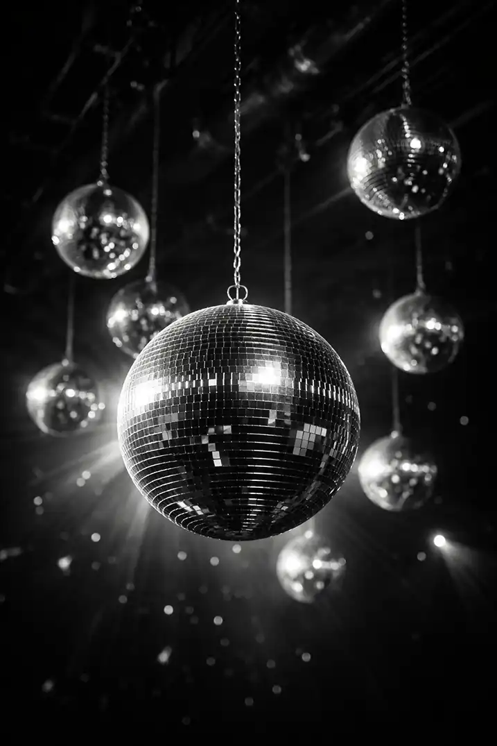 Disco shining ball 70s print — vintage party disco globe black and white wall art, museum-quality photography print