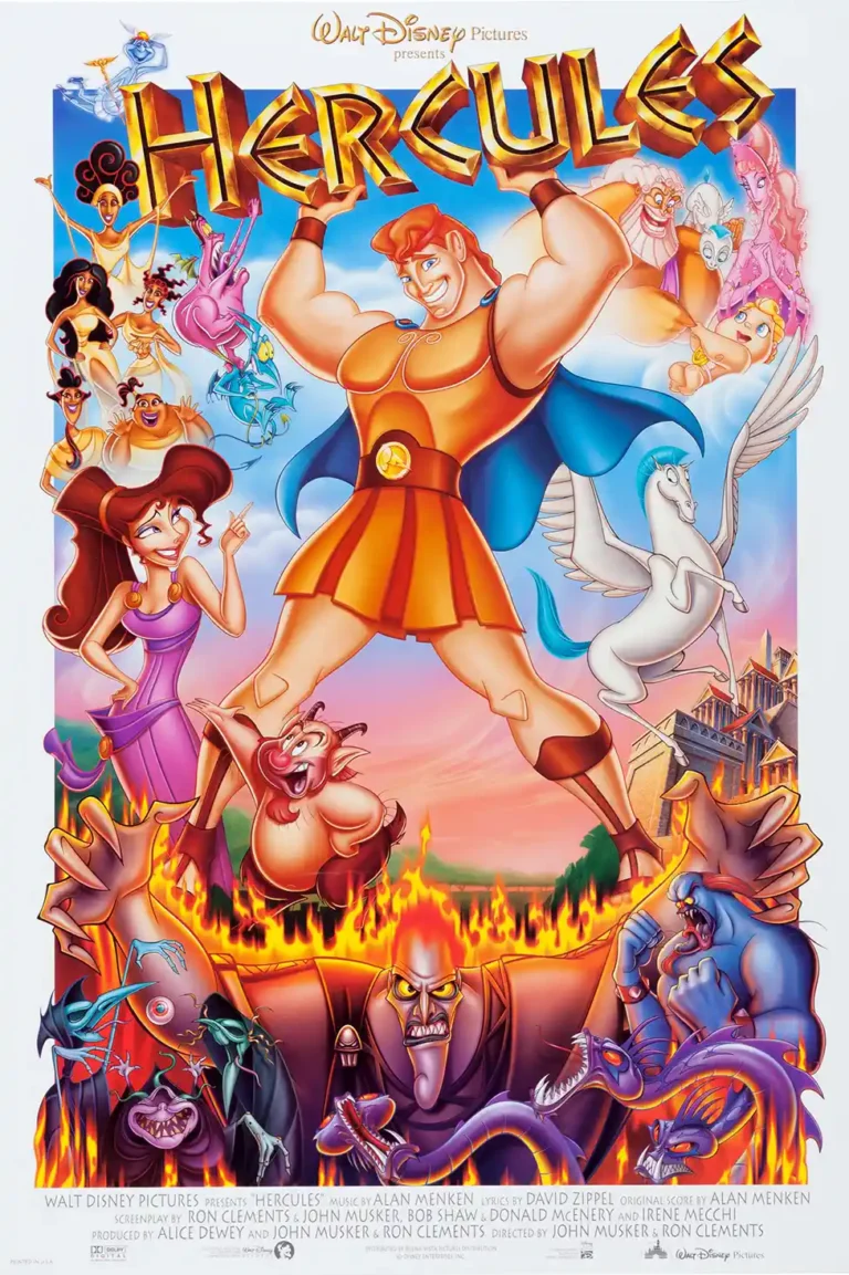 Disney's Hercules animated movie poster featuring the hero lifting the title above Megara, Pegasus, and the villain Hades.