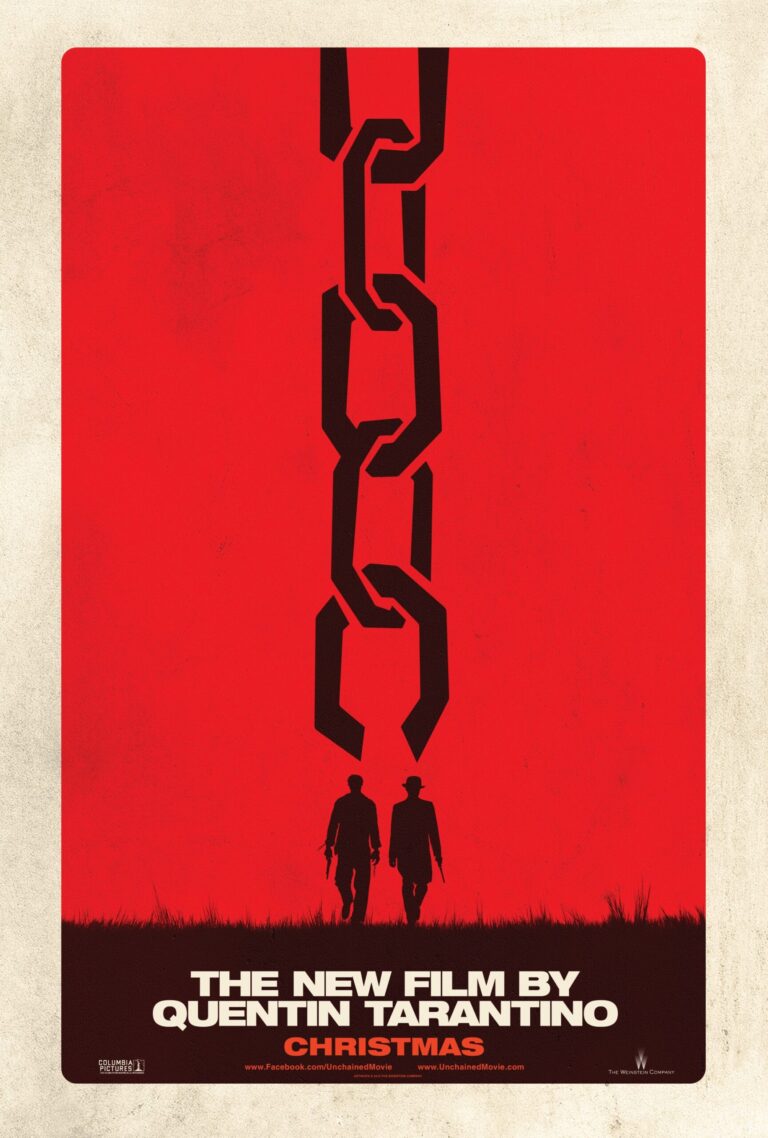 Django Unchained Movie poster featuring a bold, minimalist design with a broken black chain over two character silhouettes on a deep red background.