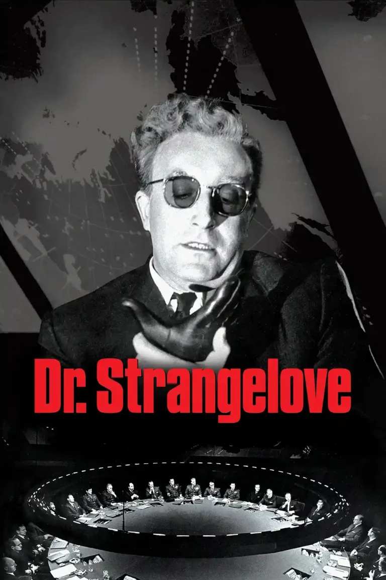 Dr. Strangelove Movie poster featuring Peter Sellers in sunglasses and a black glove above the iconic War Room table.