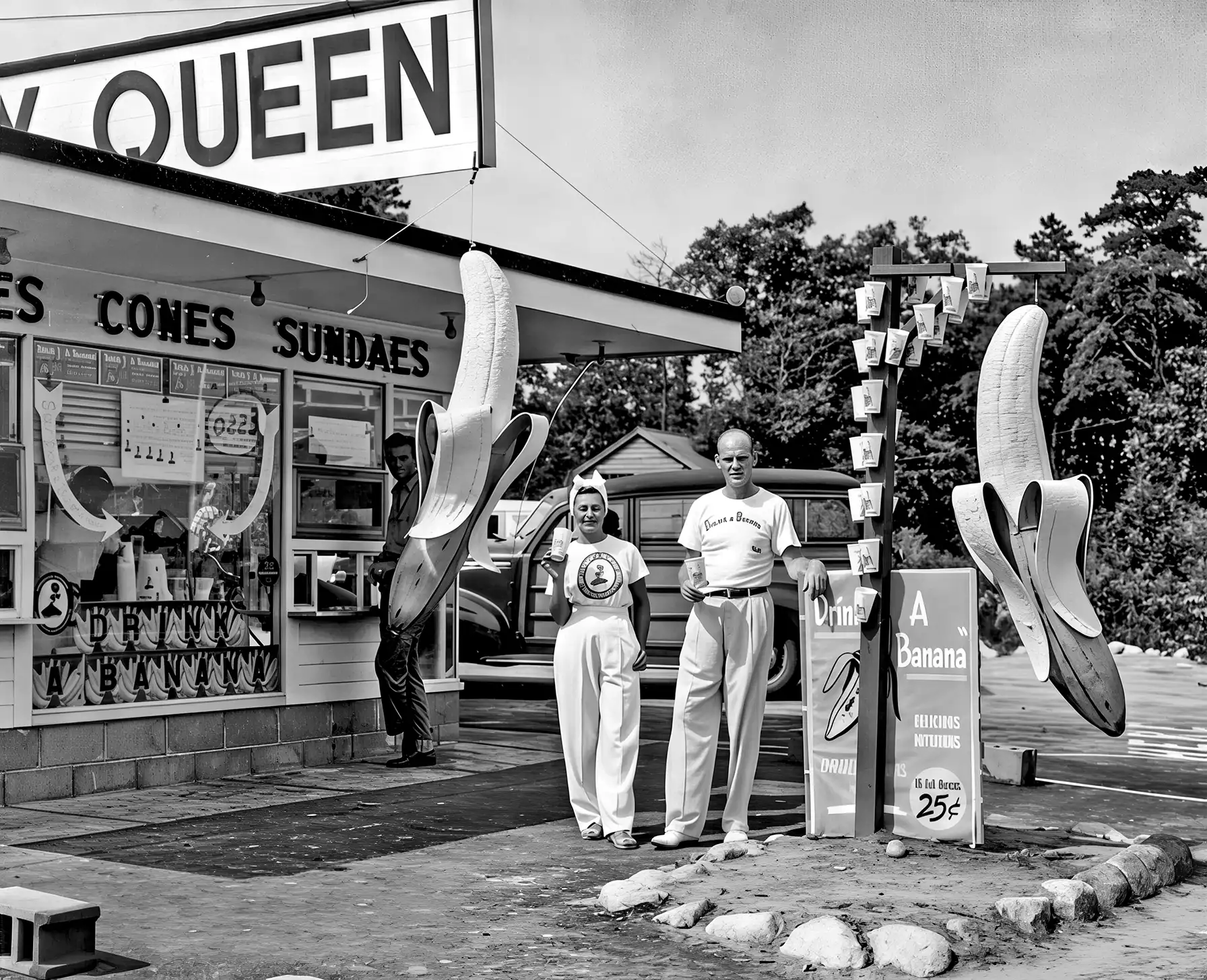 Drink a banana print — vintage funny black and white wall art, museum-quality absurdist photography print