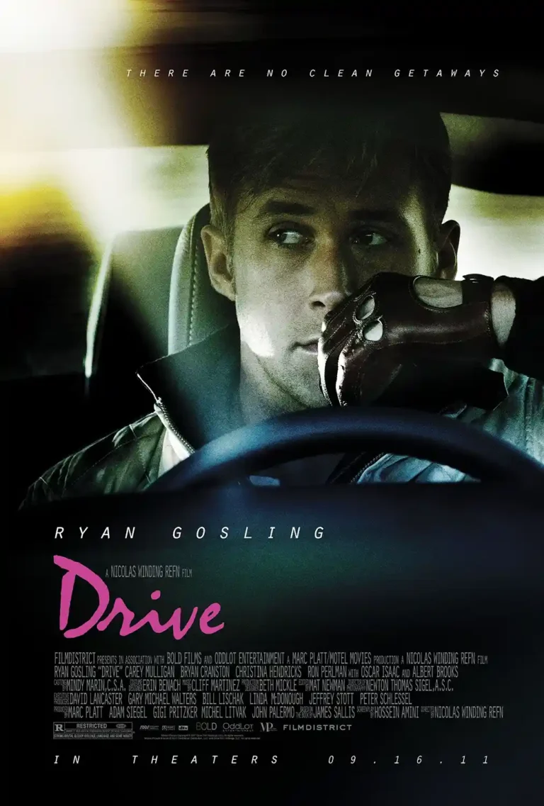 Drive (2011) Movie poster featuring a close-up of Ryan Gosling (The Driver) wearing his signature brown leather driving gloves.