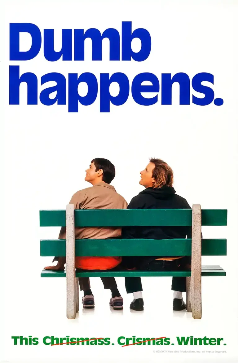 Dumb and Dumber classic movie poster featuring Lloyd Christmas and Harry Dunne sitting on a green park bench against a stark white background.