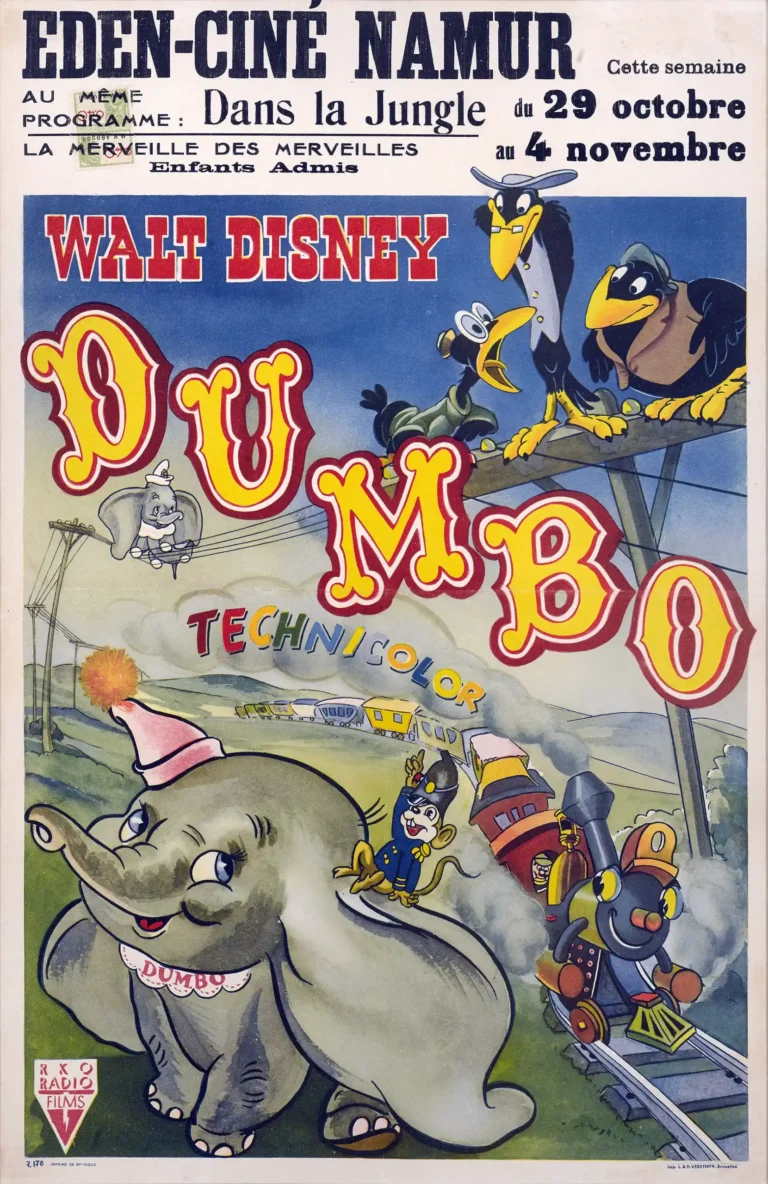 Dumbo (1941) animated movie poster featuring the titular elephant, Timothy Q. Mouse, the Crows, and a circus train. Vintage Belgian film art reproduction.