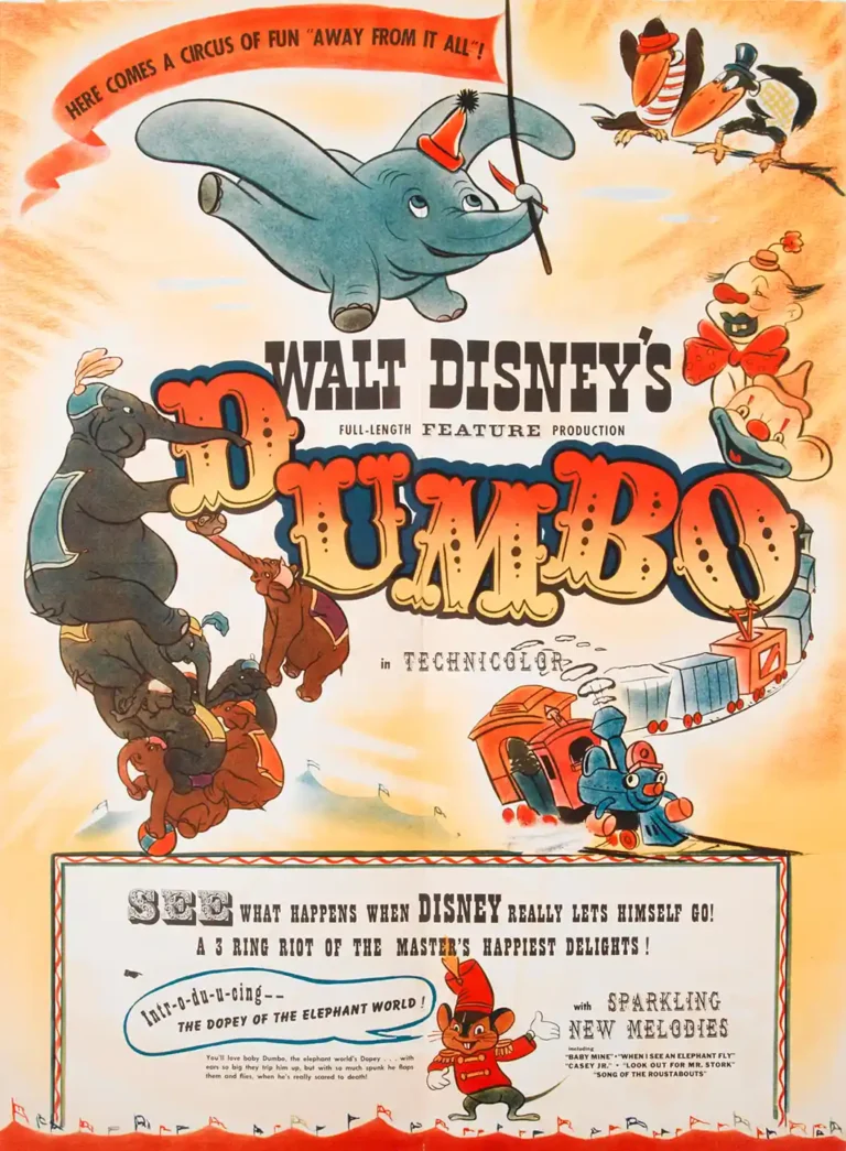 Dumbo Disney vintage movie poster featuring the flying elephant, Timothy Mouse, Casey Jr. train, and circus characters in bold, colorful 1941 style.