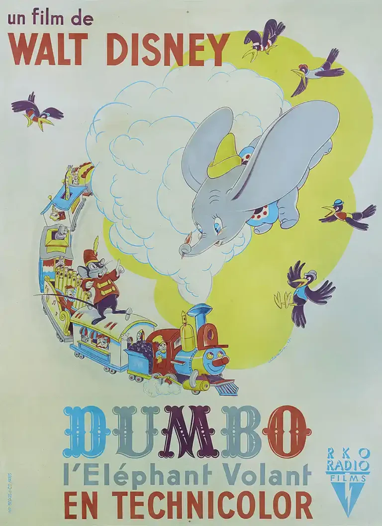 Dumbo Movie poster featuring the flying elephant emerging from smoke above Casey Jr. train, with Timothy Q. Mouse and crows in a vintage 1941 art style.