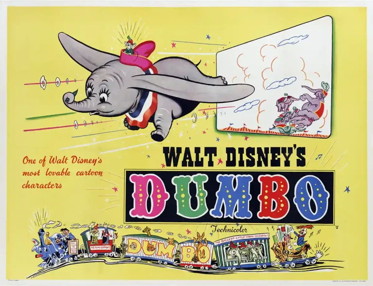 Dumbo Disney Movie poster featuring Dumbo the flying elephant soaring across a bright yellow vintage circus background with Timothy Q. Mouse.