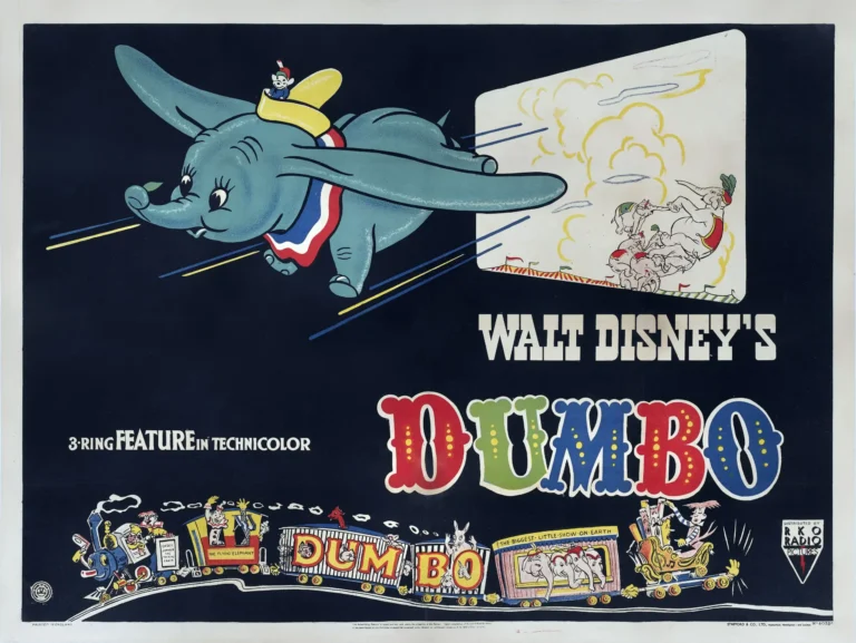 Dumbo animated movie poster featuring the flying elephant with Timothy Q. Mouse and the colorful vintage circus train artwork.