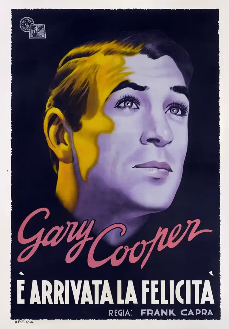 Mr. Deeds Goes to Town (È Arrivata la Felicità) movie poster featuring a dramatic, high-contrast close-up portrait of Gary Cooper in yellow and purple tones.