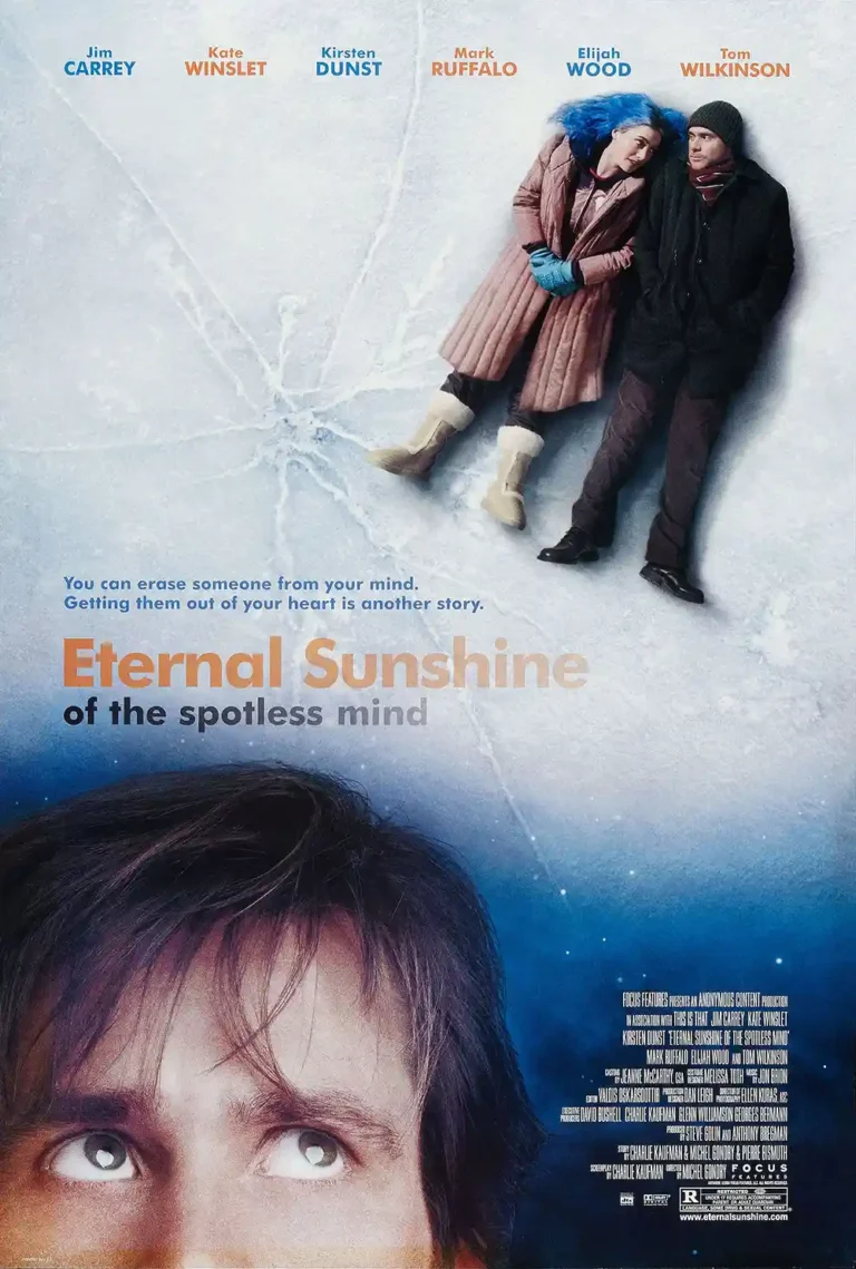 Eternal Sunshine of the Spotless Mind Movie poster featuring Joel and Clementine lying on cracked ice under a dark blue sky, with Jim Carrey's eyes visible below.