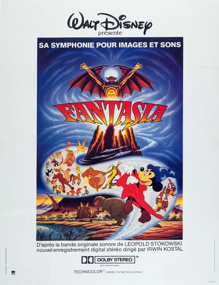 Fantasia Disney movie poster featuring Sorcerer Mickey Mouse, the winged demon Chernabog, and various mythological creatures from the animated segments.