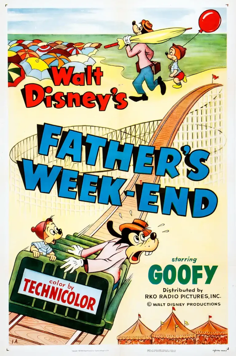 Walt Disney's "Father's Week-End" 1953 movie poster featuring Goofy and his son plunging down a rollercoaster track and walking on a crowded beach.