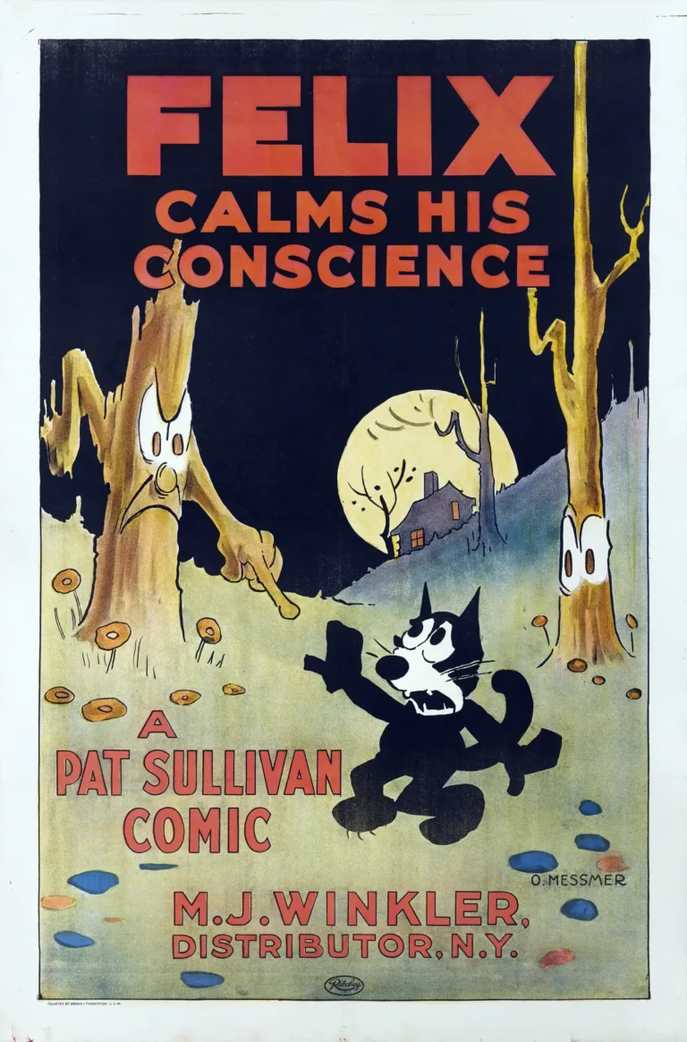 Felix Calms His Conscience 1923 silent movie poster featuring Felix the Cat confronting an angry, animated tree trunk under a full moon.