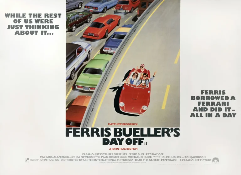 Ferris Bueller's Day Off Movie poster featuring Ferris, Cameron, and Sloane driving a red Ferrari above gridlocked traffic.