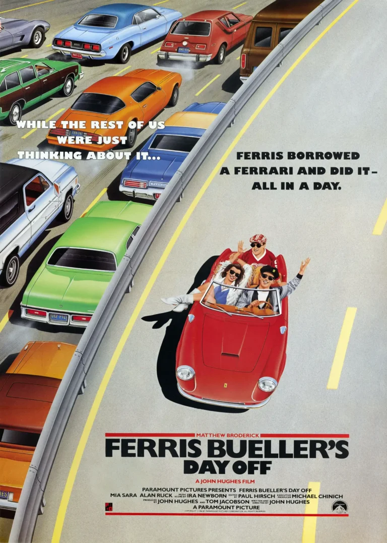 Ferris Bueller's Day Off movie poster featuring Ferris, Sloane, and Cameron in a red Ferrari convertible passing gridlock traffic.