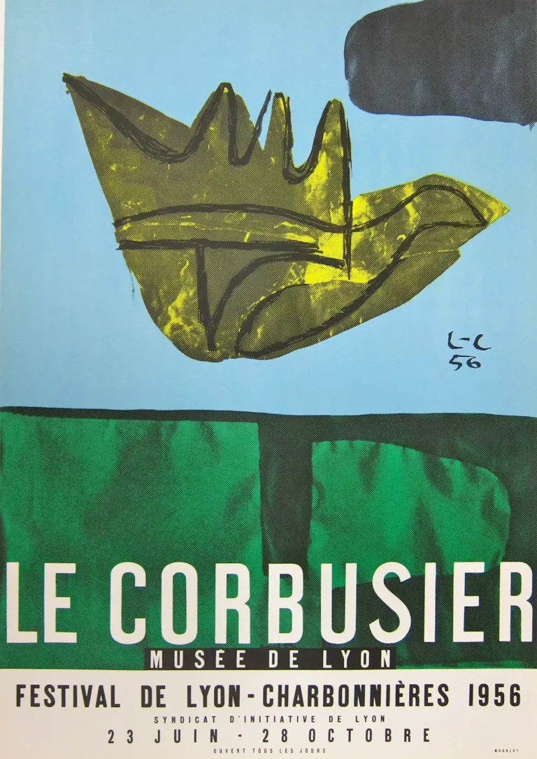 Le Corbusier Art poster for the 1956 Lyon exhibition featuring an abstract yellow-green shape against a blue and deep green background with vintage typography.