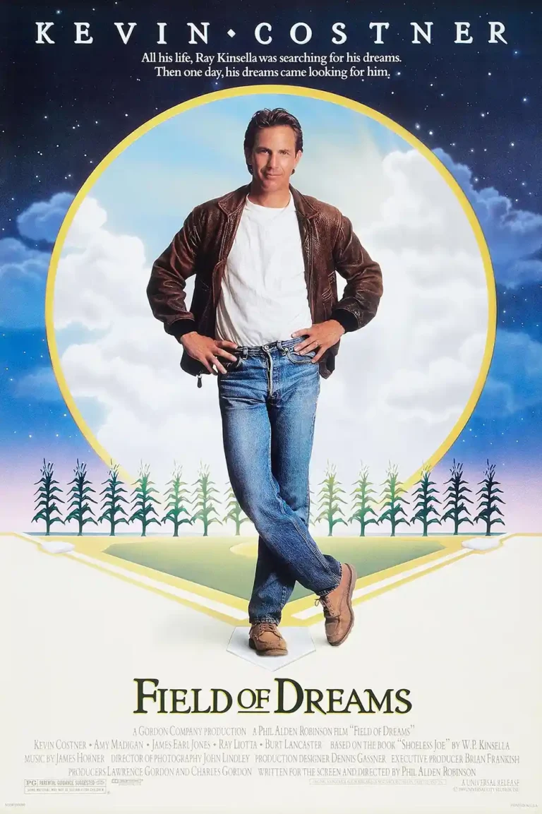 Field of Dreams 1989 Movie poster featuring Kevin Costner (Ray Kinsella) standing on a baseball field surrounded by corn stalks under a starry sky.