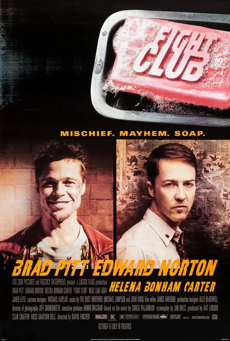 Fight Club Movie poster featuring Brad Pitt (Tyler Durden) and Edward Norton (The Narrator) split image and the iconic pink soap bar logo with full movie credits.