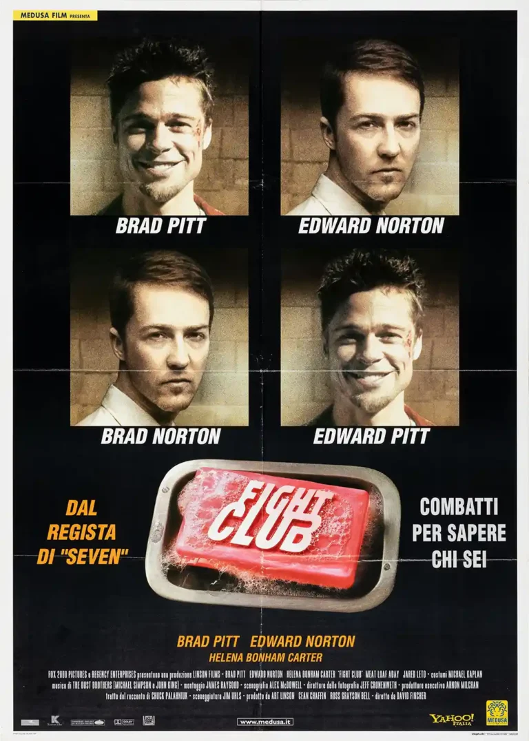 Fight Club Movie poster featuring a four-panel split portrait of Brad Pitt and Edward Norton above the iconic pink soap bar logo on a black background.
