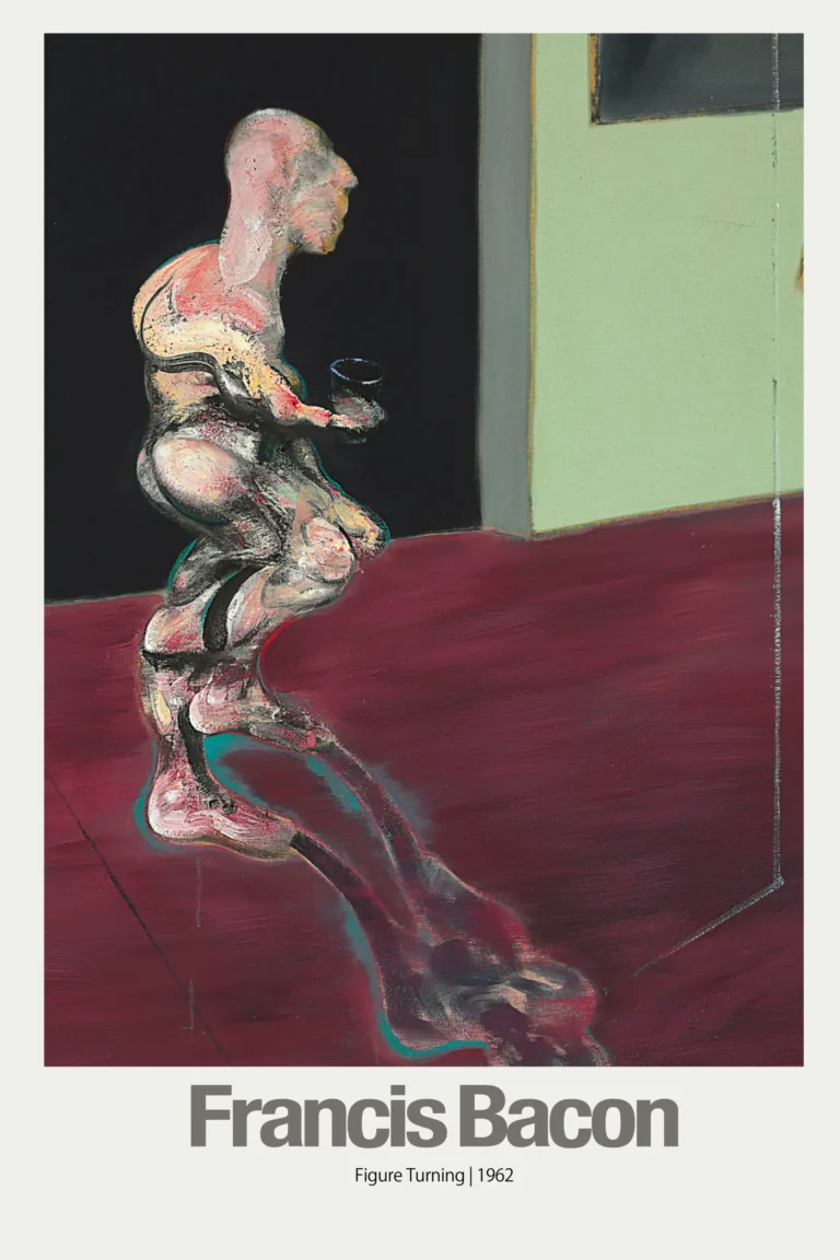 Francis Bacon Abstract Art poster featuring the distorted, seated figure from 'Figure Turning' (1962) against dark and pale green walls.