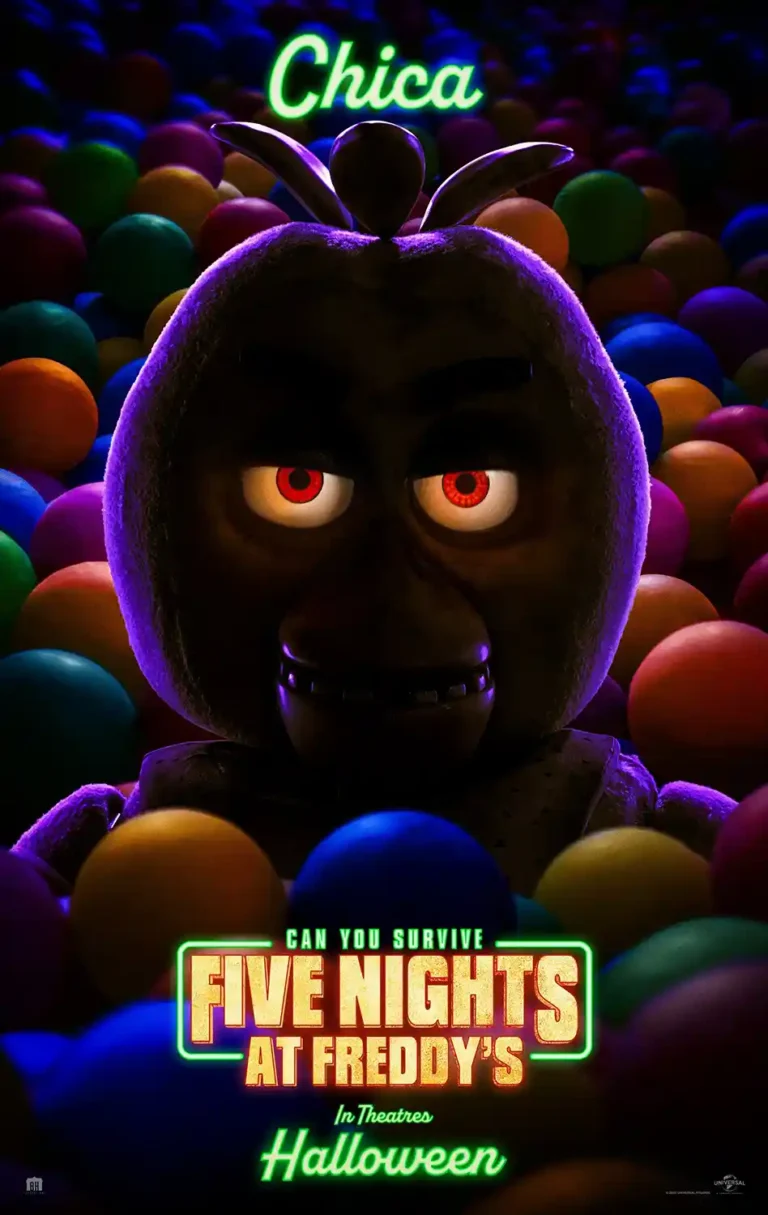 Five Nights at Freddy's (FNAF) movie poster featuring a dark closeup of Chica the Chicken with glowing red eyes submerged in a colorful ball pit.