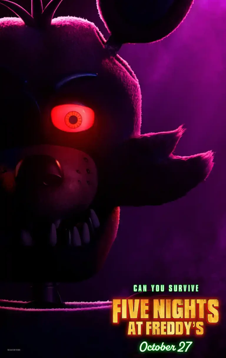 Five Nights at Freddy's 2023 movie poster featuring a menacing close-up of Foxy the Pirate Fox with a single glowing red eye against a dark, purple background.