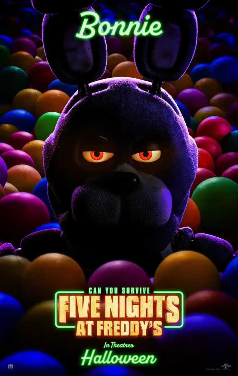 Five Nights at Freddy's (FNAF) movie poster featuring Bonnie the purple animatronic emerging from a ball pit with sinister glowing red eyes.