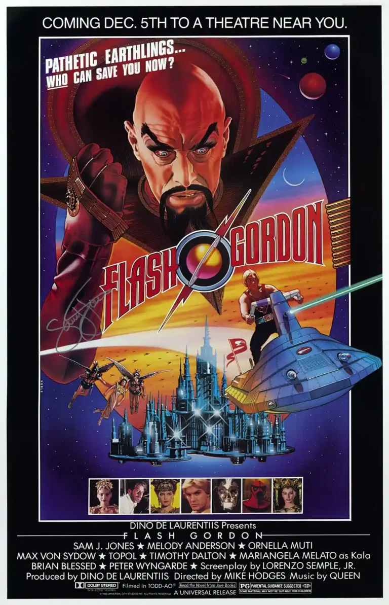 Flash Gordon 1980 movie poster featuring the villain Ming the Merciless looking menacing, surrounded by space ships and Mingo City.