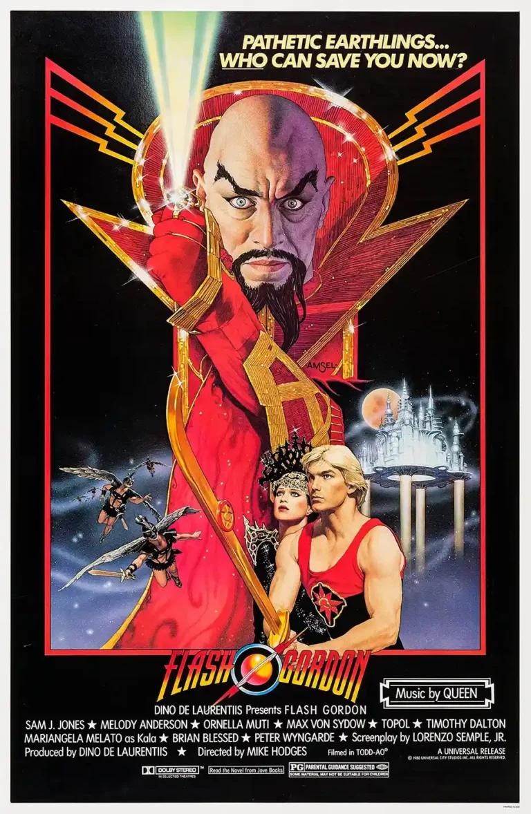 Flash Gordon (1980) movie poster featuring Emperor Ming the Merciless holding a glowing ring, with Flash and Dale below. Classic retro sci-fi wall art.