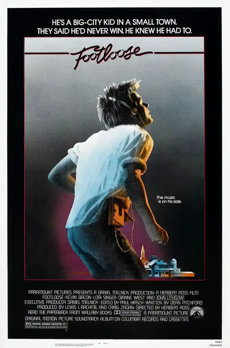Footloose Movie poster featuring Kevin Bacon as Ren McCormack from the back, wearing headphones and a white shirt in a dramatic 80s lighting style.